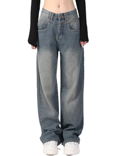 ticticlily Damen Cargo Jeans Stretch Jeanshose Zerrissen Patchwork Lässige Loose Fit Jeanshose Boyfriend Denim Gerade Bein Hose mit Taschen Damenhosen Einfarbig A8 Blau L von ticticlily