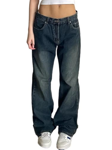 ticticlily Damen Cargo Jeans Stretch Jeanshose Zerrissen Patchwork Lässige Loose Fit Jeanshose Boyfriend Denim Gerade Bein Hose mit Taschen Damenhosen Einfarbig B Dunkelblau XXL von ticticlily