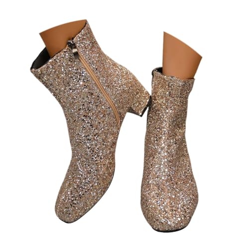 ticticlily Damen Chunky Heels Ankle Boots Glitzer Stiefeletten mit Blockabsatz und Reißverschluss Pailletten Kurze Stiefel Party Abschlussball A Gold 41 EU von ticticlily