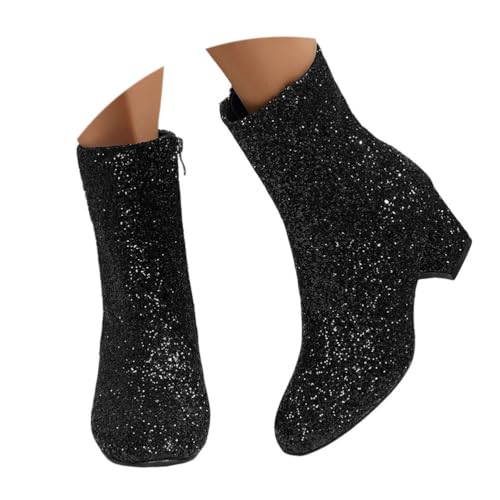 ticticlily Damen Chunky Heels Ankle Boots Glitzer Stiefeletten mit Blockabsatz und Reißverschluss Pailletten Kurze Stiefel Party Abschlussball A Schwarz 39 EU von ticticlily