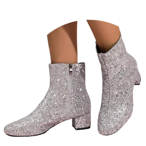 ticticlily Damen Chunky Heels Ankle Boots Glitzer Stiefeletten mit Blockabsatz und Reißverschluss Pailletten Kurze Stiefel Party Abschlussball A Silber 38 EU von ticticlily