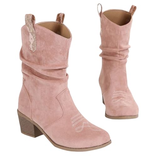 ticticlily Damen Cowboy Boots Bikerboot Westernstiefel Damen Stiefelette mit dem Blockabsatz A Rosa 38 EU von ticticlily