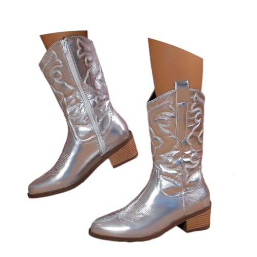 ticticlily Damen Cowboy Boots Chunky Heels Westernstiefel Halbhohe Schlupfstiefel mit Blockabsatz in Lackoptik A Silber 40 EU von ticticlily