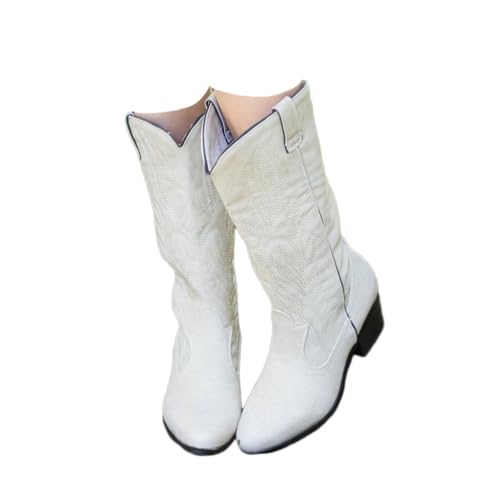 ticticlily Damen Cowboy Boots Chunky Heels Westernstiefel Halbhohe Schlupfstiefel mit Blockabsatz in Lackoptik B Weiß 39 EU von ticticlily