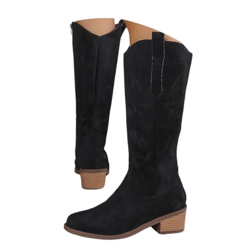 ticticlily Damen Cowboy Stiefel Biker Boots Bequeme Niedriger Absatz Westernstiefel Bestickt Cowgirl Stiefel Pull on Mid Calf Stiefel A Schwarz 40 EU von ticticlily