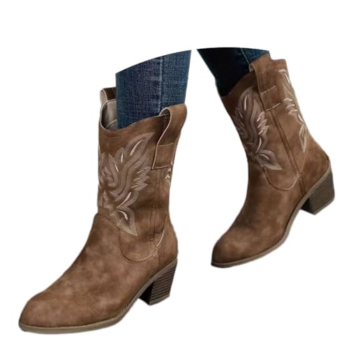 ticticlily Damen Cowboystiefel Gestickt Block Westernschuhe A Kaffee 39 EU von ticticlily