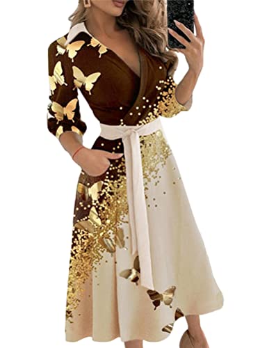 ticticlily Damen Elegant Kleid Herbst Langarm 3/4 Arm V Ausschnitt mit Gürtel Blumendruck Wickelkleider Knielang Business Kleider Cocktailkleid Hohe Taillen Casual Kleid für Damen Gold M von ticticlily