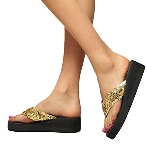 ticticlily Damen Flip Flops Zehentrenner Plattform Sandalen Hausschuhe Plateau Strandschuhe Keilabsatz Freizeitschuhe Peep Toe Sommerschuhe Wedges Slipper mit Strass A Gold 36 EU von ticticlily