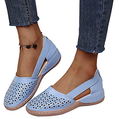 ticticlily Damen Freizeitsandalen Sommer Bequem Sandalen Aushöhlen Sandals Flach Schlupfsandalen Leder Vintage Leichte Sandaletten Casual Komfort Outdoorsandalen A Blau 40 EU von ticticlily