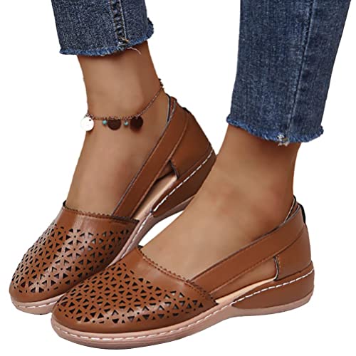 ticticlily Damen Freizeitsandalen Sommer Bequem Sandalen Aushöhlen Sandals Flach Schlupfsandalen Leder Vintage Leichte Sandaletten Casual Komfort Outdoorsandalen A Braun 40 EU von ticticlily