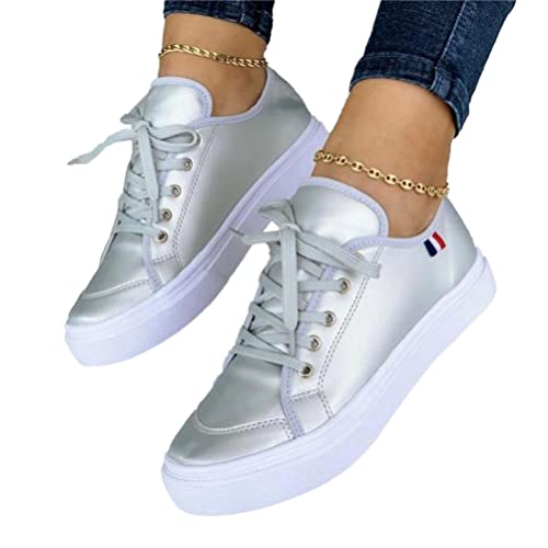 ticticlily Damen Halbschuhe Frauen Sneaker Einfarbig Plateauschuhe Damen Slipper Damen Low Top Sneaker Bequem Walkingschuhe A Silber 41 EU von ticticlily