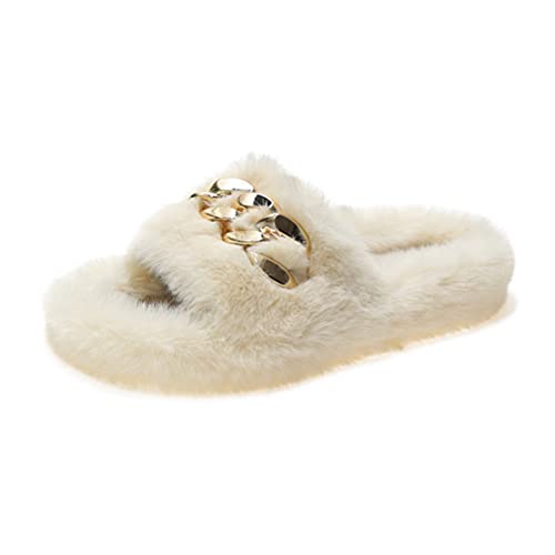 ticticlily Damen Hausschuhe Offene Zeh Flauschige Pantoffeln Plüsch Latschen Warme Frauen Badelatschen Flache Sandalen Sommer Winter Slides Fluffy Slipper Metallkette Hausschuhe A Beige 39 EU von ticticlily