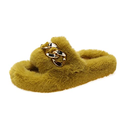 ticticlily Damen Hausschuhe Offene Zeh Flauschige Pantoffeln Plüsch Latschen Warme Frauen Badelatschen Flache Sandalen Sommer Winter Slides Fluffy Slipper Metallkette Hausschuhe A Gelb 39 EU von ticticlily
