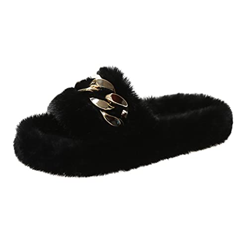 ticticlily Damen Hausschuhe Offene Zeh Flauschige Pantoffeln Plüsch Latschen Warme Frauen Badelatschen Flache Sandalen Sommer Winter Slides Fluffy Slipper Metallkette Hausschuhe A Schwarz 38 EU von ticticlily