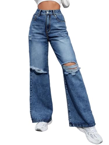 ticticlily Damen High Waist Jeans Stretch Zerrissen Destroyed Denim Hosen Casual Ripped Straight Leg Jeanshose A Dunkelblau S von ticticlily