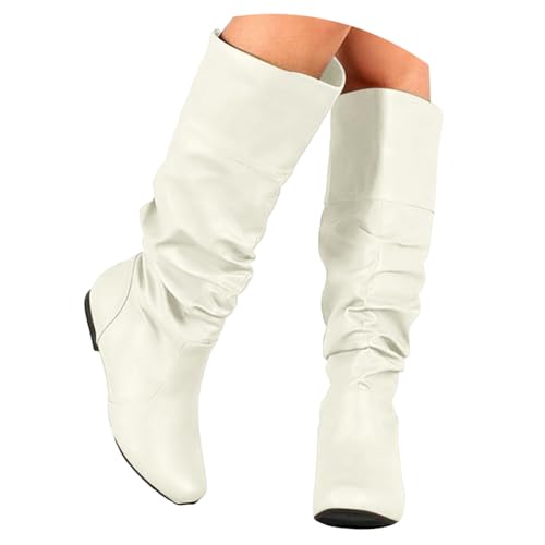 ticticlily Damen Hohe Stiefel Mit Blockabsatz Winter Reitstiefel Flach Stiefeletten A Weiß 39 EU von ticticlily