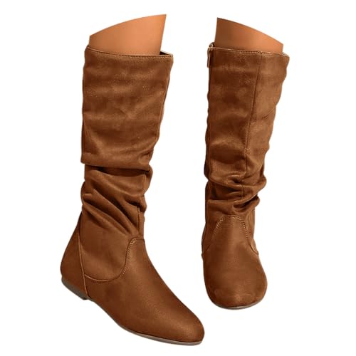 ticticlily Damen Hohe Stiefel Mit Niedrige Winter Stiefeletten Flach Cowboy Boots J Braun 37 EU von ticticlily