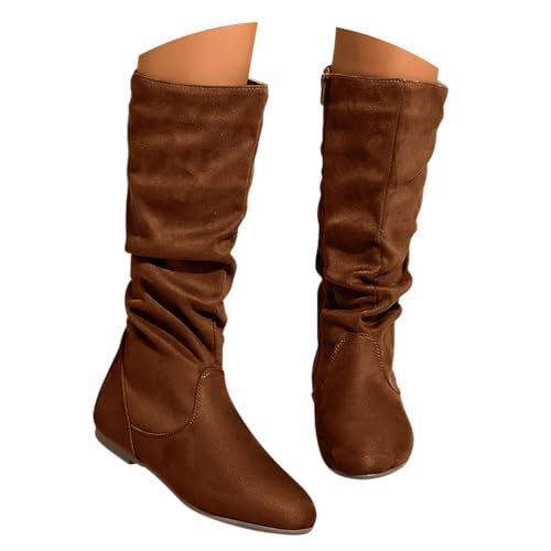 ticticlily Damen Hohe Stiefel Mit Niedrige Winter Stiefeletten Flach Cowboy Boots J Dunkelbraun 39 EU von ticticlily