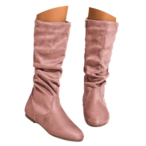 ticticlily Damen Hohe Stiefel Mit Niedrige Winter Stiefeletten Flach Cowboy Boots J Dunkelrosa 39 EU von ticticlily