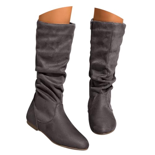 ticticlily Damen Hohe Stiefel Mit Niedrige Winter Stiefeletten Flach Cowboy Boots J Grau 41 EU von ticticlily