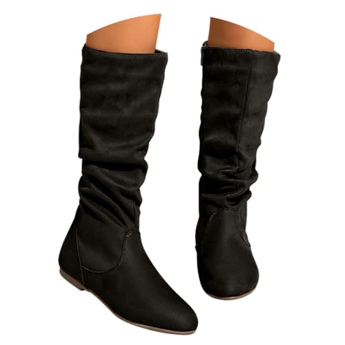 ticticlily Damen Hohe Stiefel Mit Niedrige Winter Stiefeletten Flach Cowboy Boots J Schwarz 36 EU von ticticlily