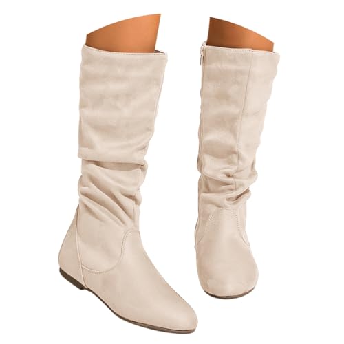 ticticlily Damen Hohe Stiefel Mit Niedrige Winter Stiefeletten Flach Cowboy Boots J Weiß 40 EU von ticticlily
