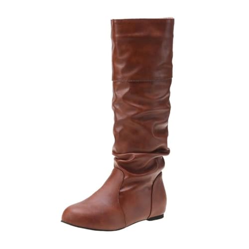 ticticlily Damen Hohe Stiefel Winter Schuhe Warme Leder Reitstiefel Niedrige mit Absatz Komfort Beiläufige Schnalle Langschaft Kniehohe Stiefel A Braun 37 EU von ticticlily