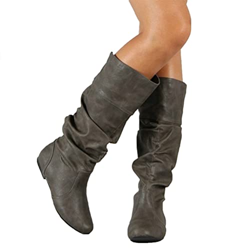 ticticlily Damen Hohe Stiefel Winter Schuhe Warme Leder Reitstiefel Niedrige mit Absatz Komfort Beiläufige Schnalle Langschaft Kniehohe Stiefel A Grau 37 EU von ticticlily