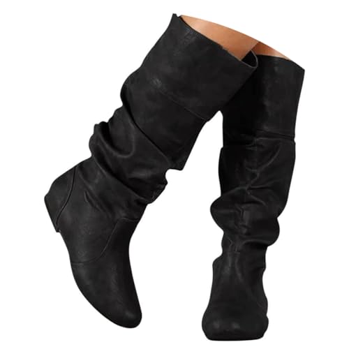 ticticlily Damen Hohe Stiefel Winter Schuhe Warme Leder Reitstiefel Niedrige mit Absatz Komfort Beiläufige Schnalle Langschaft Kniehohe Stiefel A Schwarz 35 EU von ticticlily