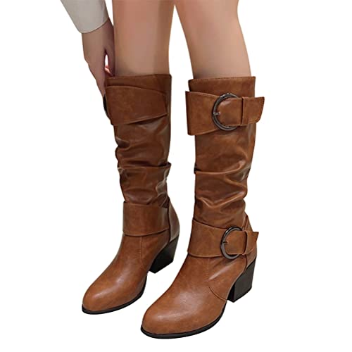 ticticlily Damen Hohe Stiefel Winter Schuhe Warme Leder Reitstiefel Niedrige mit Absatz Komfort Beiläufige Schnalle Langschaft Kniehohe Stiefel B Braun 40 EU von ticticlily