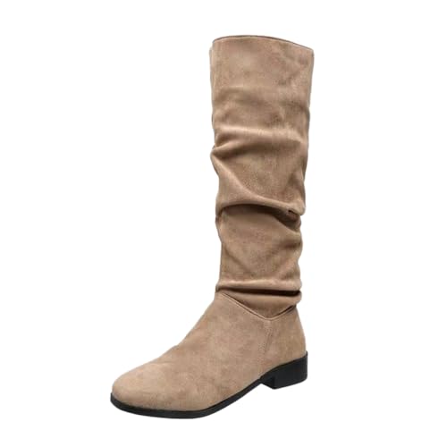 ticticlily Damen Hohe Stiefel Winter Schuhe Warme Leder Reitstiefel Niedrige mit Absatz Komfort Beiläufige Schnalle Langschaft Kniehohe Stiefel F Khaki 37 EU von ticticlily