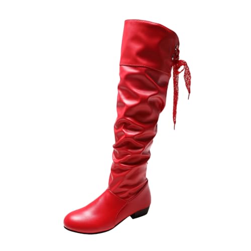 ticticlily Damen Hohe Stiefel Winter Schuhe Warme Leder Reitstiefel Niedrige mit Absatz Komfort Beiläufige Schnalle Langschaft Kniehohe Stiefel H Rot 41 EU von ticticlily