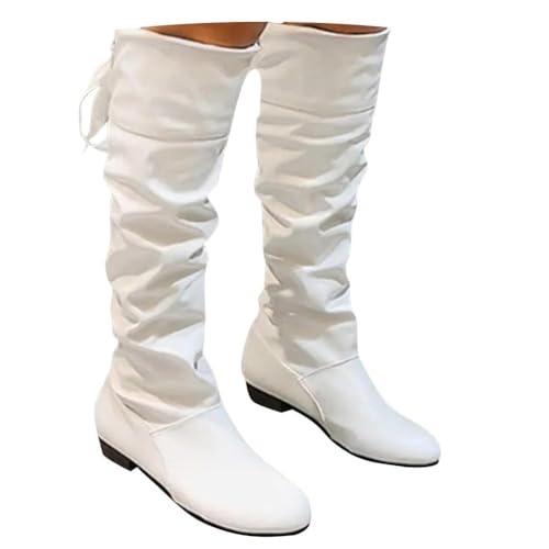 ticticlily Damen Hohe Stiefel Winter Schuhe Warme Leder Reitstiefel Niedrige mit Absatz Komfort Beiläufige Schnalle Langschaft Kniehohe Stiefel H Weiß 40 EU von ticticlily