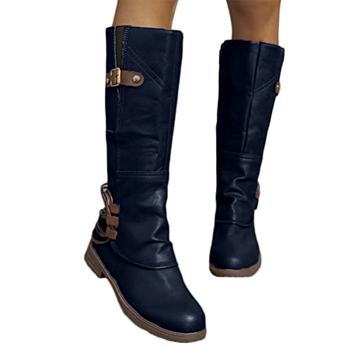 ticticlily Damen Hohe Stiefel Winter Schuhe mit Absatz Kunstleder Schnalle Langschaft Overknee Stiefel Kniehohe High Heels Lang Boots B Blau 42 EU von ticticlily