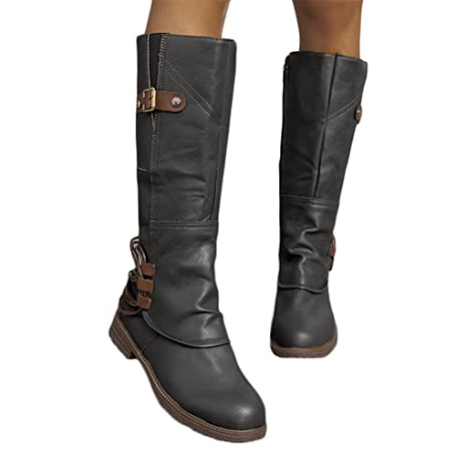 ticticlily Damen Hohe Stiefel Winter Schuhe mit Absatz Kunstleder Schnalle Langschaft Overknee Stiefel Kniehohe High Heels Lang Boots B Grau 42 EU von ticticlily