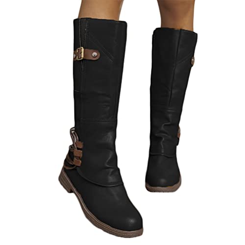 ticticlily Damen Hohe Stiefel Winter Schuhe mit Absatz Kunstleder Schnalle Langschaft Overknee Stiefel Kniehohe High Heels Lang Boots B Schwarz 41 EU von ticticlily