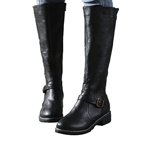 ticticlily Damen Hohe Stiefel Winter Sexy Mode Casual Flache Boots Blockabsatz Slip On Leder Lange Stiefel Schuhe C Schwarz 42 EU von ticticlily