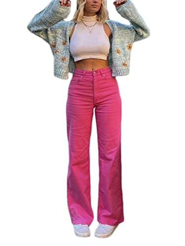 ticticlily Damen Hosen Jeans High Waist Baggy Vintage y2k Streetwear Straight Stretch Bootcut Weites Bein Denim Hose E-Girl 90er Hip Hop Lose Casual Chic Freizeithose Cargohose C2 Rosa M von ticticlily