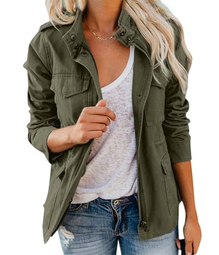 ticticlily Damen Jacke Übergangsjacke Große Größen Parka Jacken Fliegerjacke Langarm Stehkrage Frühlingsjacke Leichte mit Taschen Windproof Jacket Coat A Armeegrün L von ticticlily