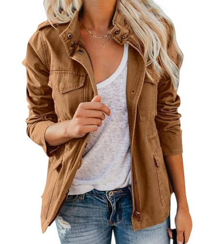 ticticlily Damen Jacke Übergangsjacke Große Größen Parka Jacken Fliegerjacke Langarm Stehkrage Frühlingsjacke Leichte mit Taschen Windproof Jacket Coat A Hellbraun L von ticticlily