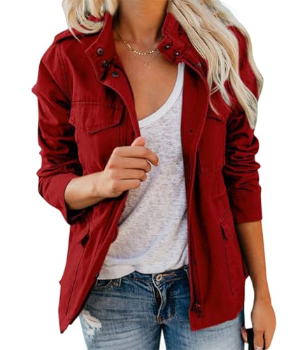 ticticlily Damen Jacke Übergangsjacke Große Größen Parka Jacken Fliegerjacke Langarm Stehkrage Frühlingsjacke Leichte mit Taschen Windproof Jacket Coat A Rot XXL von ticticlily