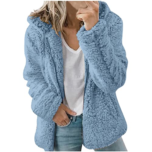 ticticlily Damen Jacken Übergangsjacke Plüschjacke Teddy Mantel Flauschjacke Herbstmantel Wintermantel Fleecejacke Langarm Pullover mit Kapuzen Mode Warm Hoodies Herbst Winter A Hellblau XL von ticticlily