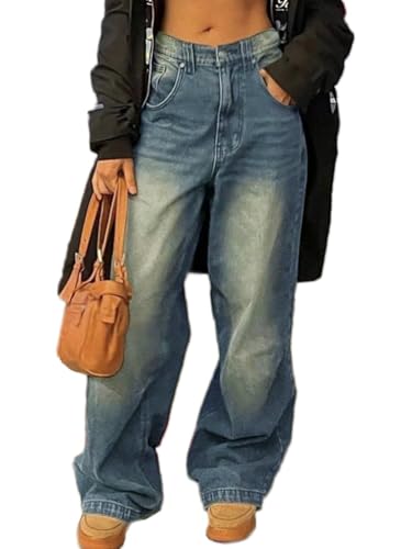 ticticlily Damen Jeans Baggy High Waist Weite Bein Straight Leg Gewaschene Jeanshose Y2K Aesthetic 90er Hiphop Boyfriend Denim Hosen A3 Dunkelblau S von ticticlily