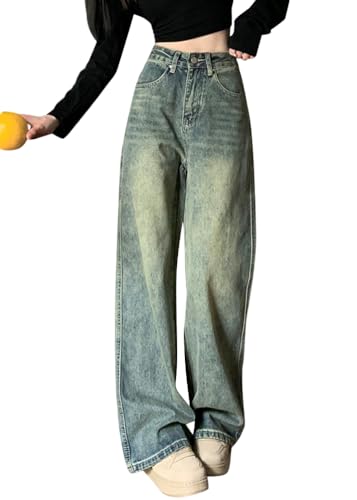 ticticlily Damen Jeans Baggy High Waist Weite Bein Straight Leg Gewaschene Stretch Jeanshose Y2K Aesthetic Vintage 90er Boyfriend Denim Hosen Freizeithose A Blau M von ticticlily