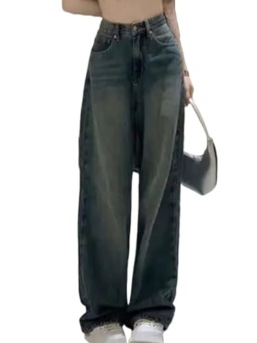 ticticlily Damen Jeans Hose mit Hoher Taille Y2K Style Harajuku E-Girl Streetwear Hose Casual Baggy Vintage Flare Denim Hose Freizeit Loose Gerade Hosen Baggy Jeans K Blau XXL von ticticlily