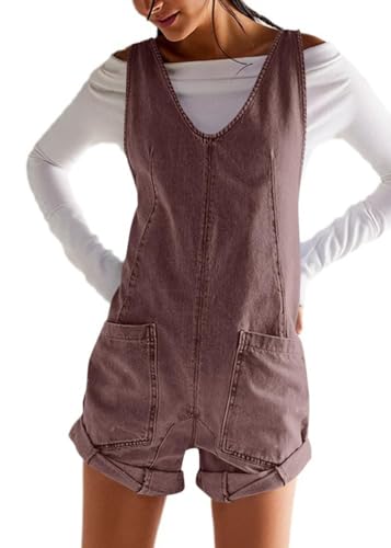 ticticlily Damen Jeans Latzhose Kurz Ärmellos Sommeroveralls Denim Jumpsuit Overall mit Taschen Trägerhose Romper Sommer A Braun XXL von ticticlily
