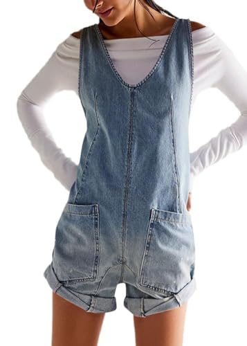 ticticlily Damen Jeans Latzhose Kurz Ärmellos Sommeroveralls Denim Jumpsuit Overall mit Taschen Trägerhose Romper Sommer A Hellblau S von ticticlily