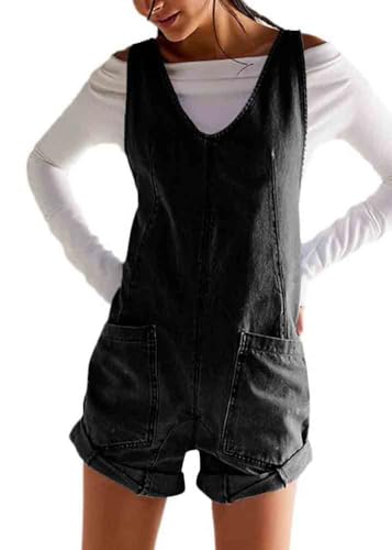 ticticlily Damen Jeans Latzhose Kurz Ärmellos Sommeroveralls Denim Jumpsuit Overall mit Taschen Trägerhose Romper Sommer A Schwarz L von ticticlily