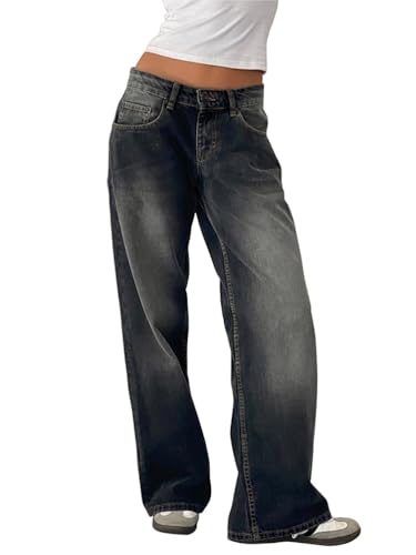 ticticlily Damen Jeans Mädchen Baggy Low Waist Wide Leg Straight Leg Denim Pants Damenjeans Y2K Boyfriend Jeans B Grau L von ticticlily