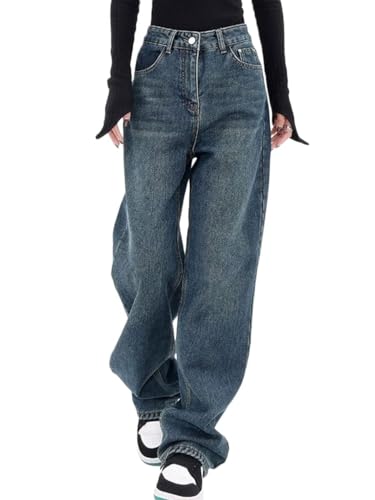 ticticlily Damen Jeanshosen Vintage Hohe Taille Straight Jeans Gewaschene Jeans Y2K Mode Denim Hose Baggy Jeans Weites Bein Gerade Lose E-Girl Streetwear Hosen P Blau XS von ticticlily